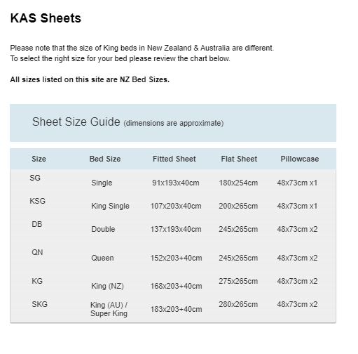 KAS Sheets Size Guide