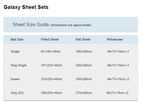 Galaxy Sheet Sets Size Guide
