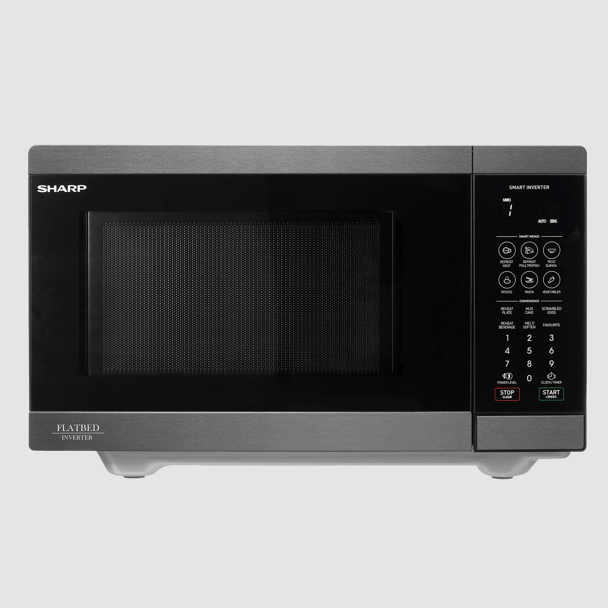 Sharp Flatbed Microwave 900W Black Stainless Steel 26L 