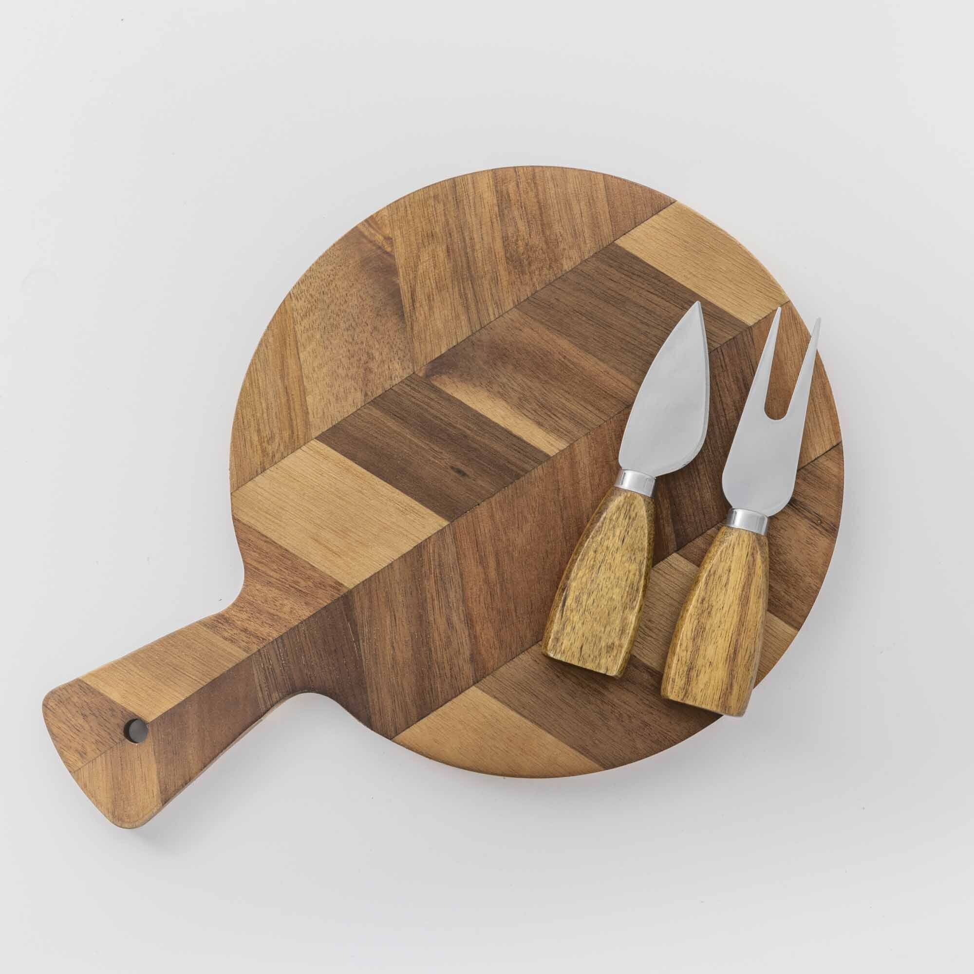 Acacia Wood Round Cheese Paddle with 2Pcs Cheese Knives