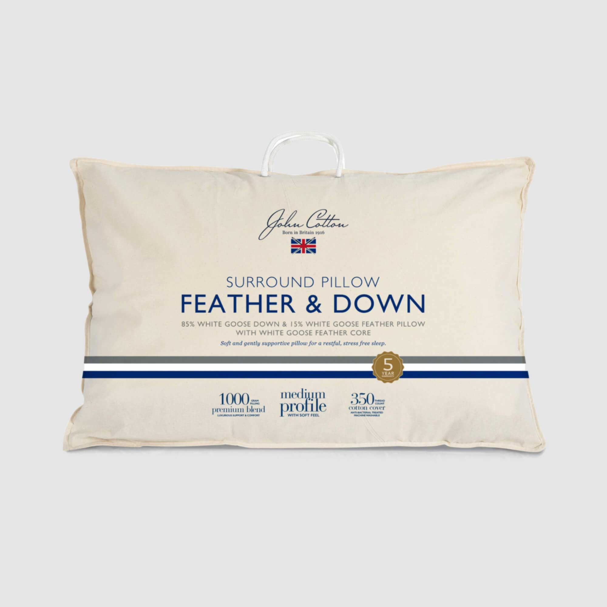 John Cotton 85/15 White Goose Feather & Down Surround Medium Pillow